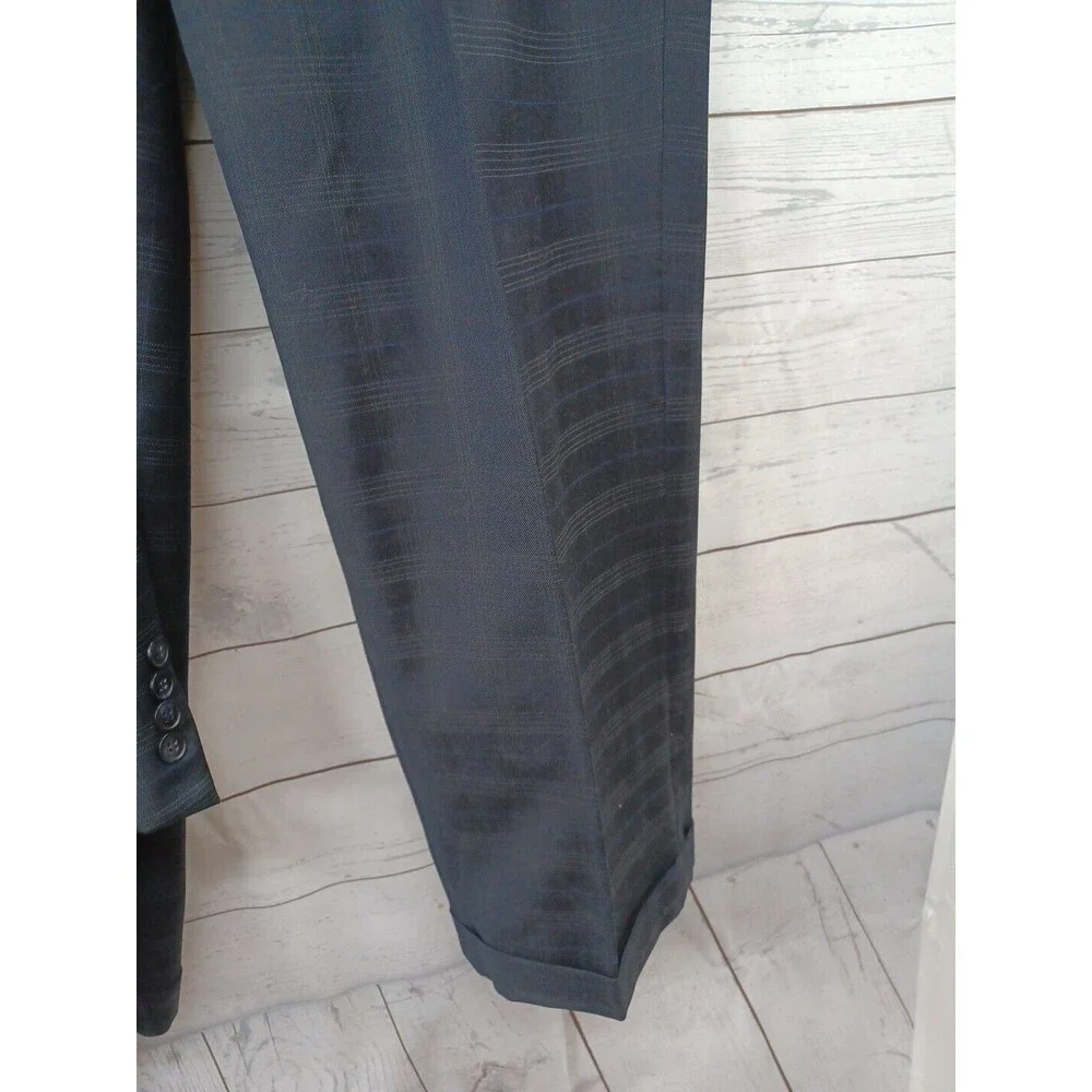 Paul Dione Wool Suit Sport Coat Blazer Dark Blue Windowpane 43R Pants 36x28.5